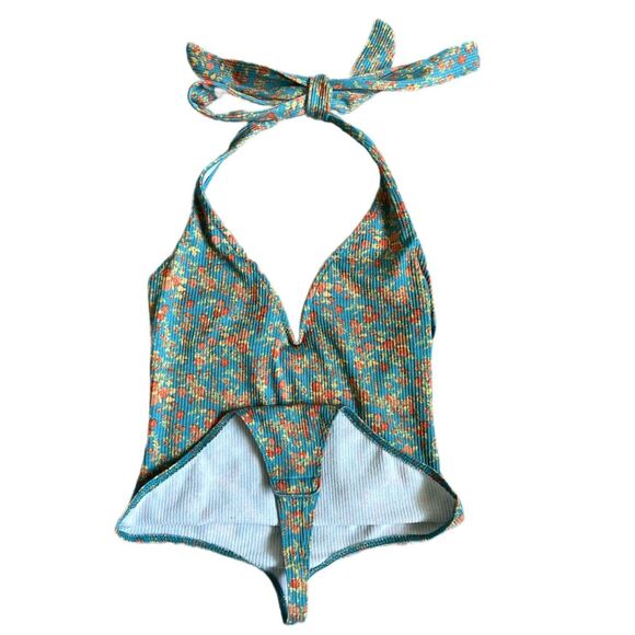 Free People Lola Pastel Blue Ditzy Floral Print Halter V Neck Bodysuit Size XS - Picture 6 of 10